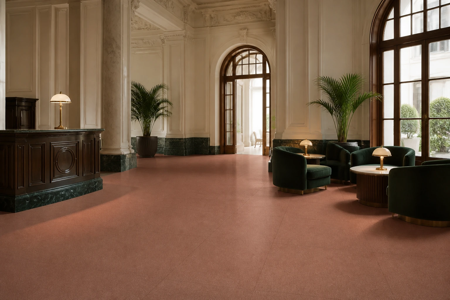 Granito 1 – Colorado antibacterial porcelain tile used in restored heritage hotel reception hall