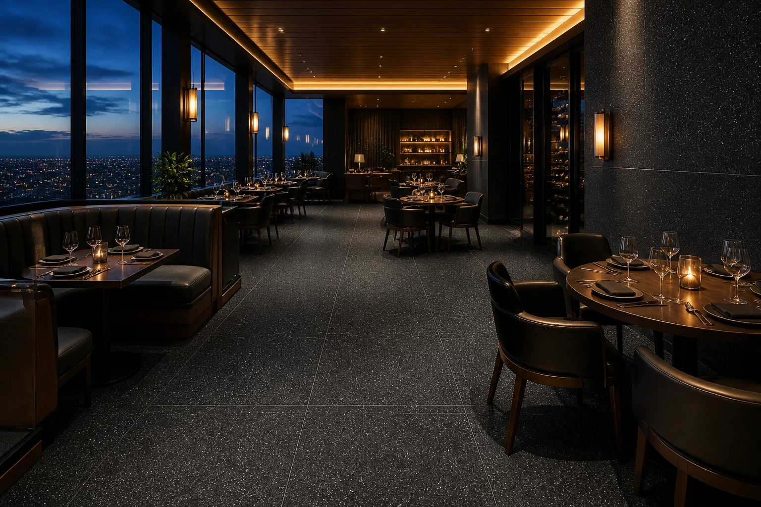 Granito 1 – Dakota antibacterial porcelain tile used in dramatic rooftop steakhouse dining room at blue hour