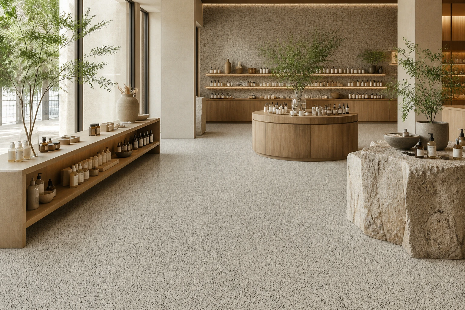 Granito 1 – Labrador antibacterial porcelain tile used in natural cosmetics flagship boutique
