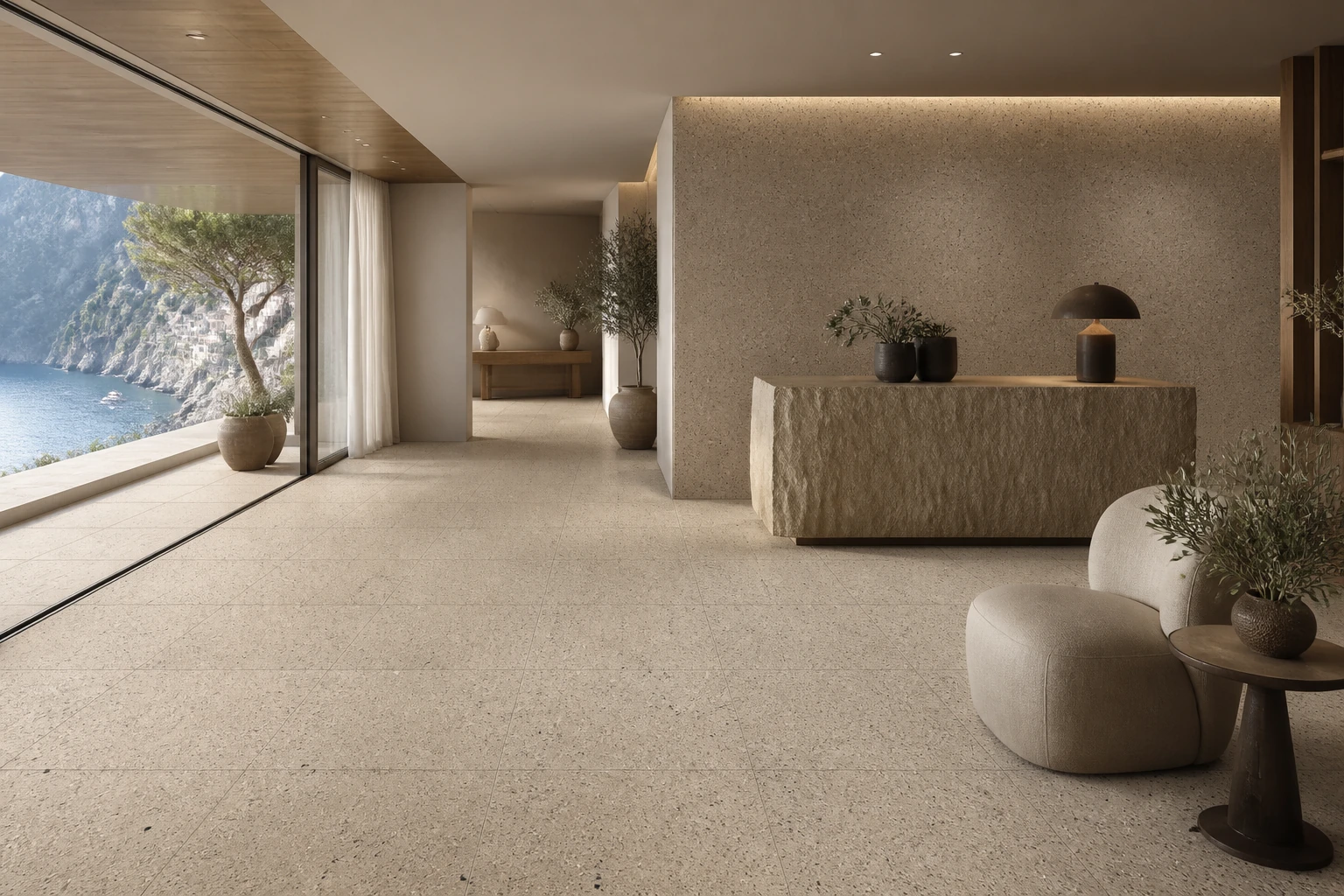 Granito 2 – Amalfi antibacterial porcelain tile used in cliffside hotel arrival lounge