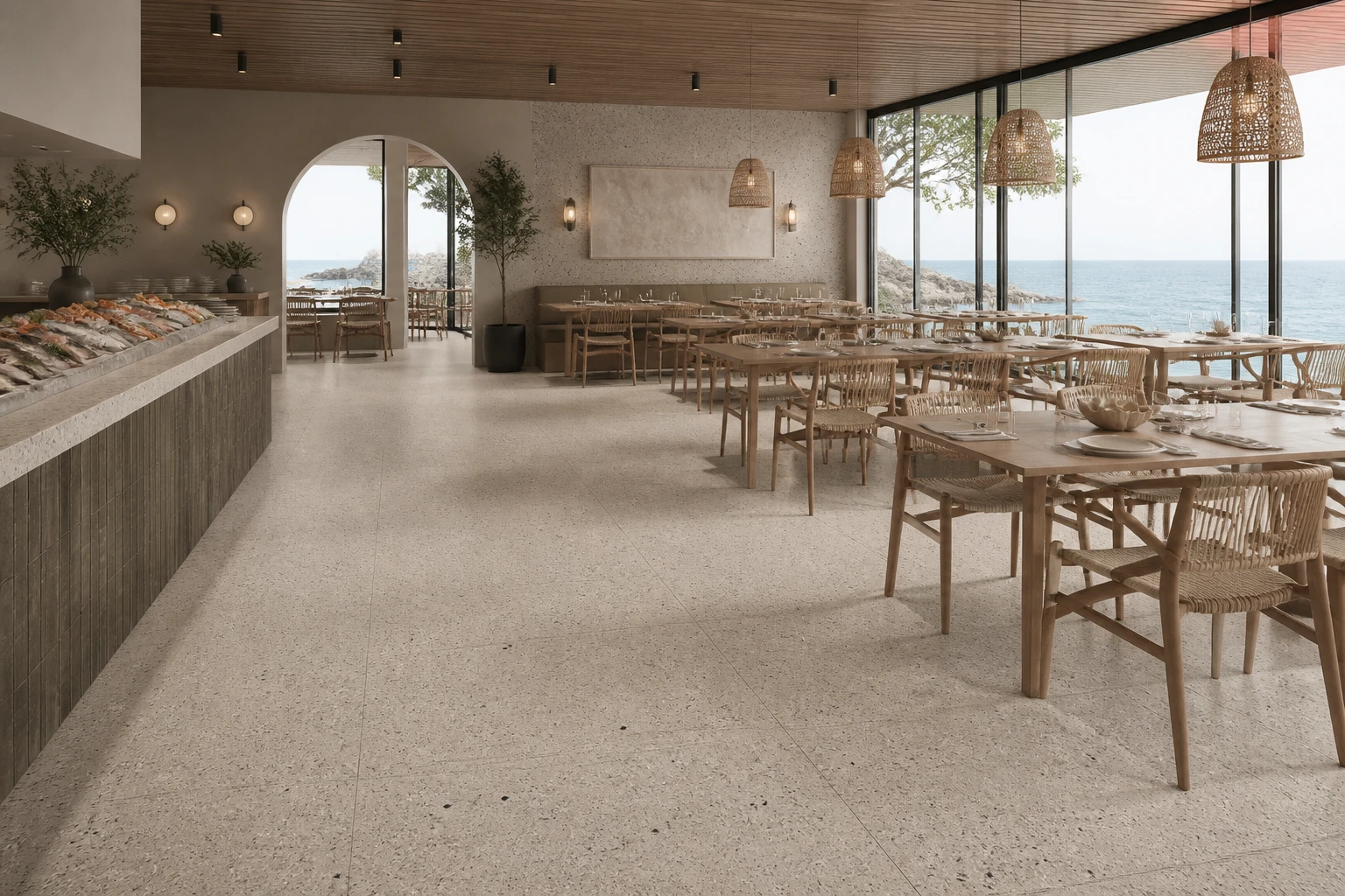 Granito 2 – Amalfi antibacterial porcelain tile used in contemporary coastal seafood restaurant