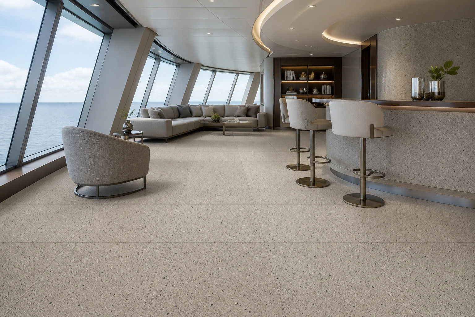 Granito 2 – Amalfi antibacterial porcelain tile used in private cruise ship observation salon