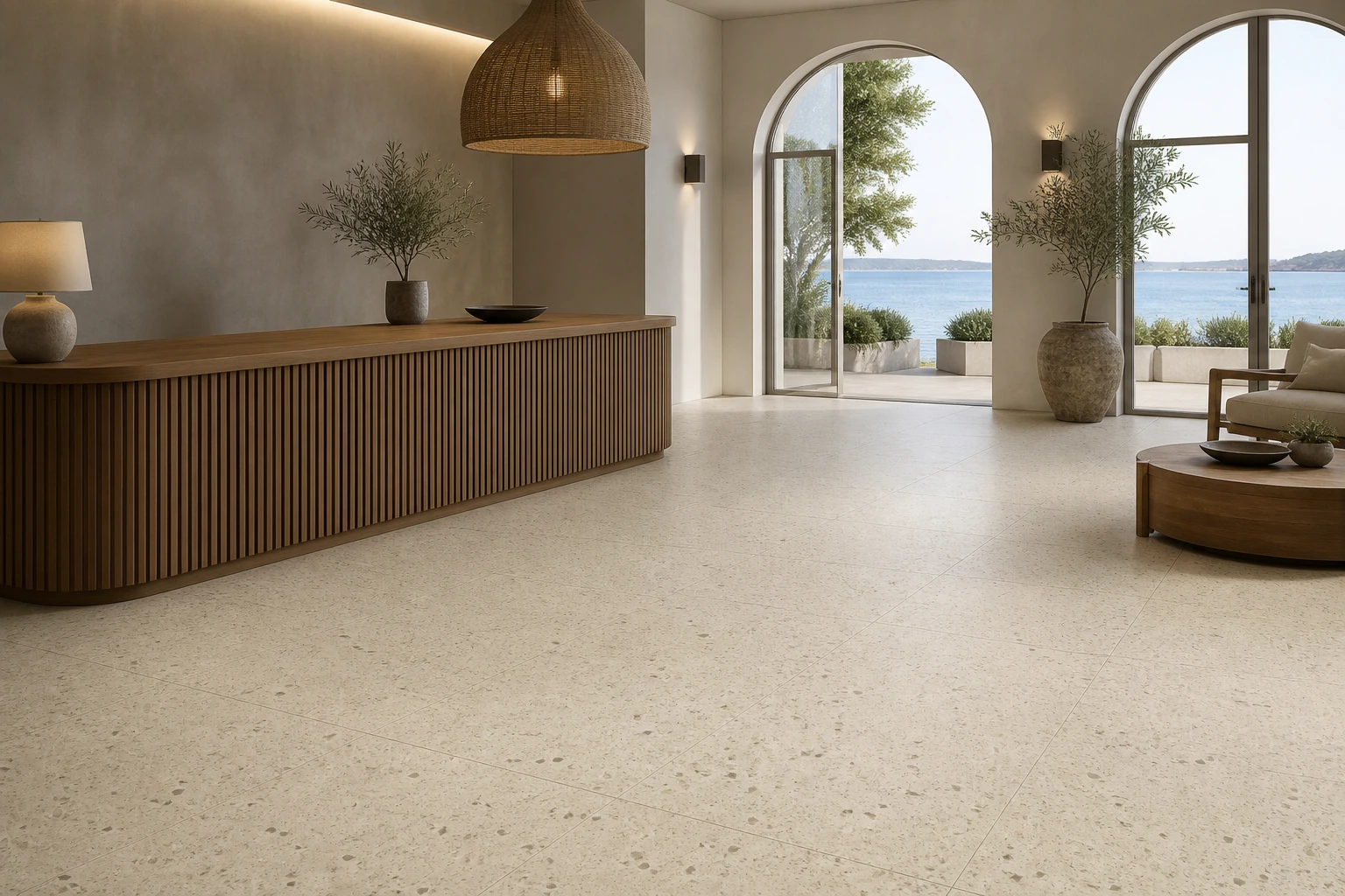 Granito 2 – Gallipoli antibacterial porcelain tile used in adriatic seaside resort reception