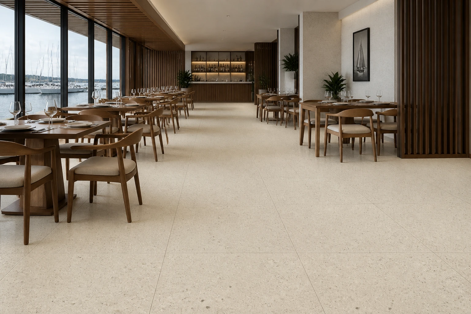 Granito 2 – Gallipoli antibacterial porcelain tile used in modern yacht club dining gallery