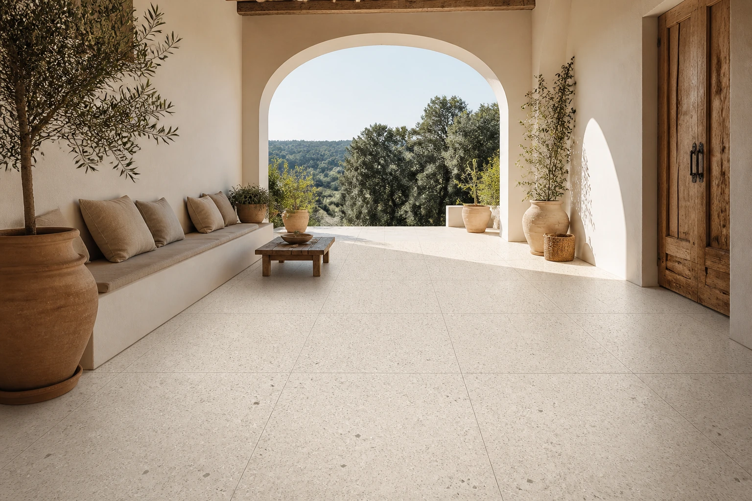 Granito 2 – Gallipoli antibacterial porcelain tile used in sunlit mediterranean villa loggia