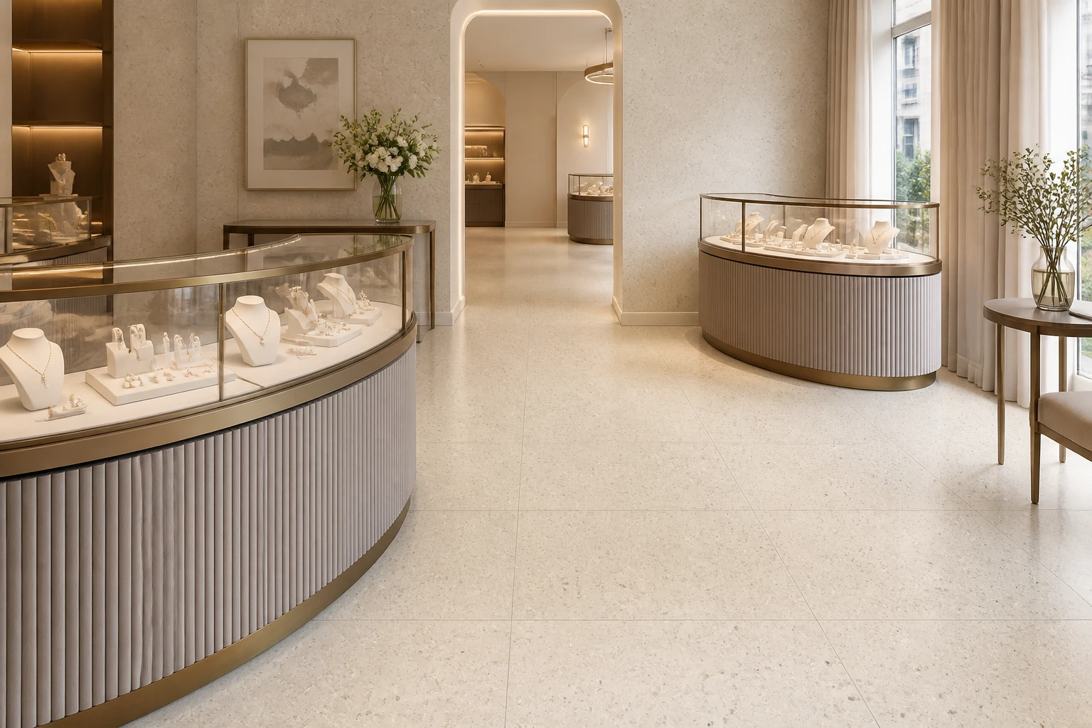 Granito 2 – Gallipoli antibacterial porcelain tile used in fine jewellery salon with curved showcases
