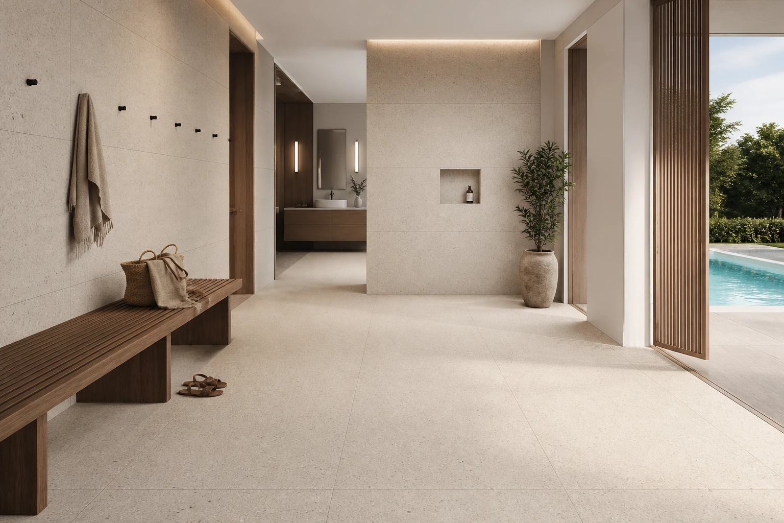 Granito 2 – Gallipoli antibacterial porcelain tile used in pool pavilion changing suite
