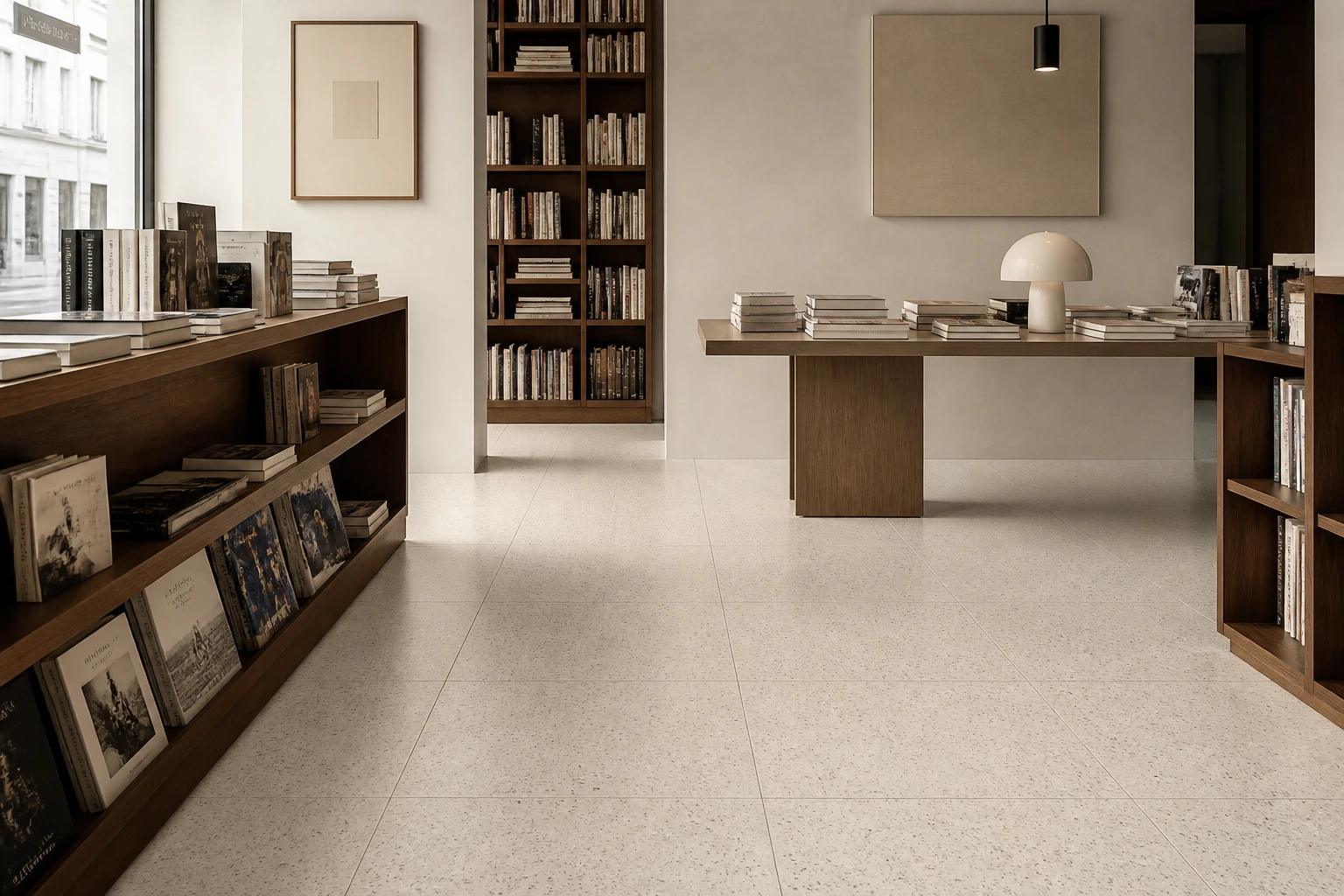 Granito 2 – Gallipoli antibacterial porcelain tile used in independent art and architecture bookshop