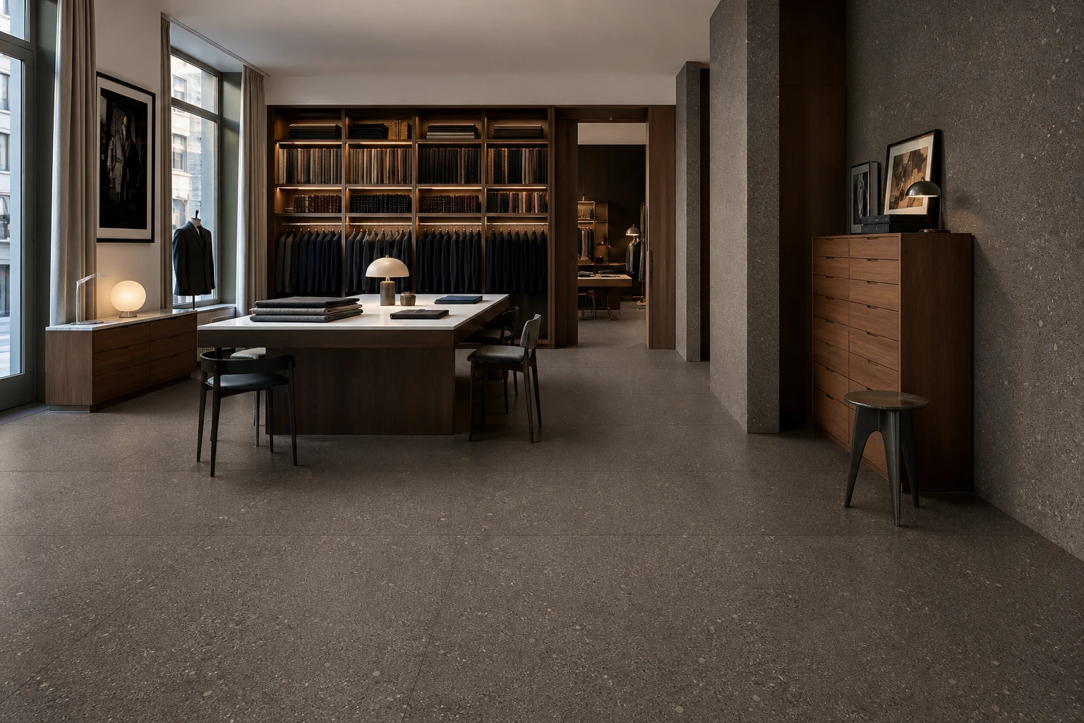 Granito 2 – Milano antibacterial porcelain tile used in milanese tailoring salon with fabric library