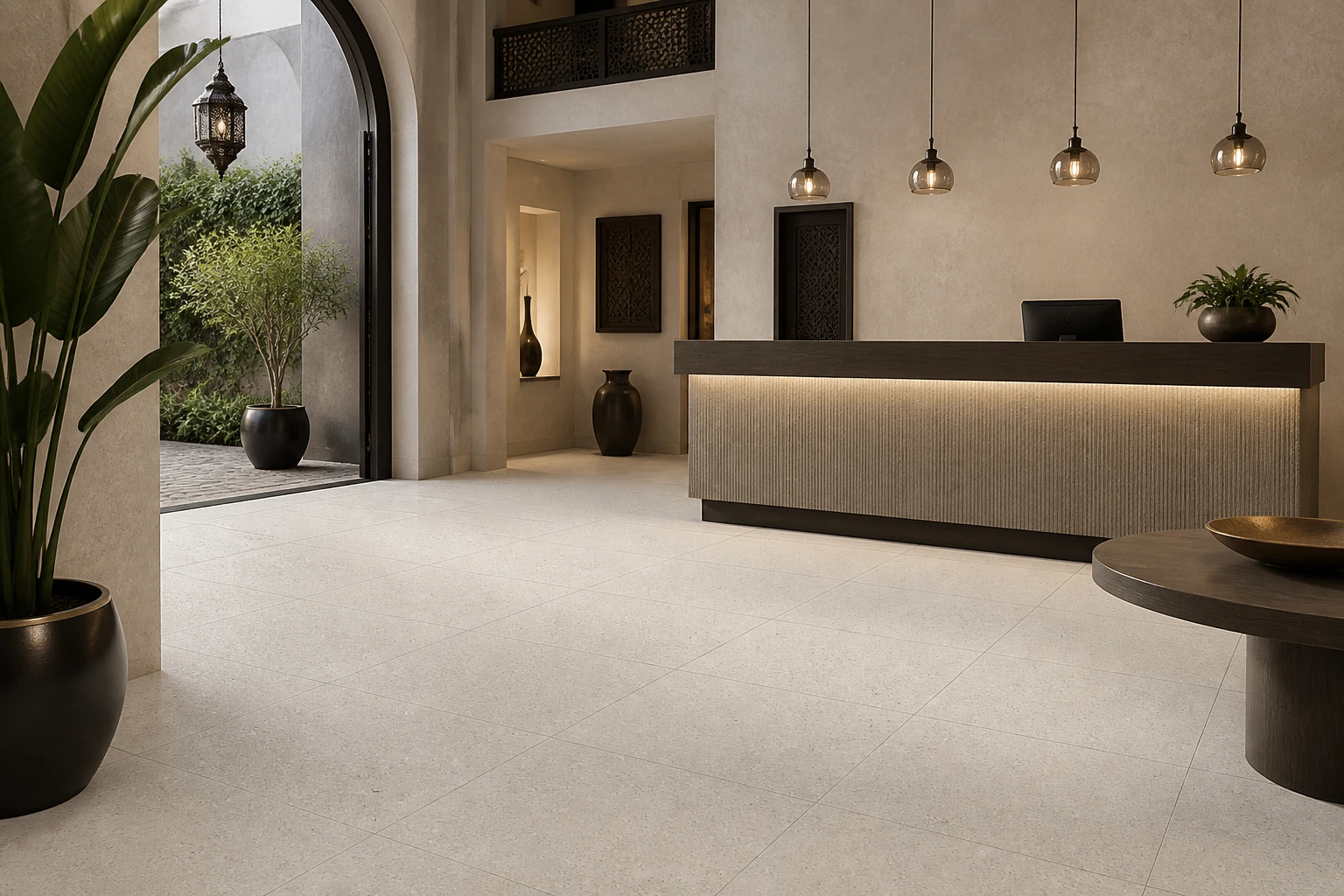 Granito 3 – Casablanco antibacterial porcelain tile used in modern moroccan riad hotel reception