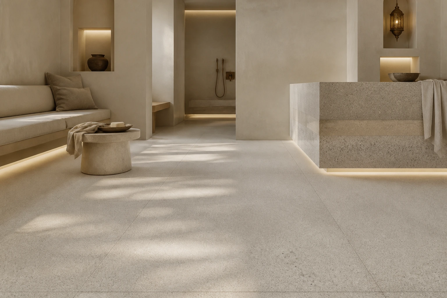 Granito 3 – Casablanco antibacterial porcelain tile used in minimal hammam welcome salon