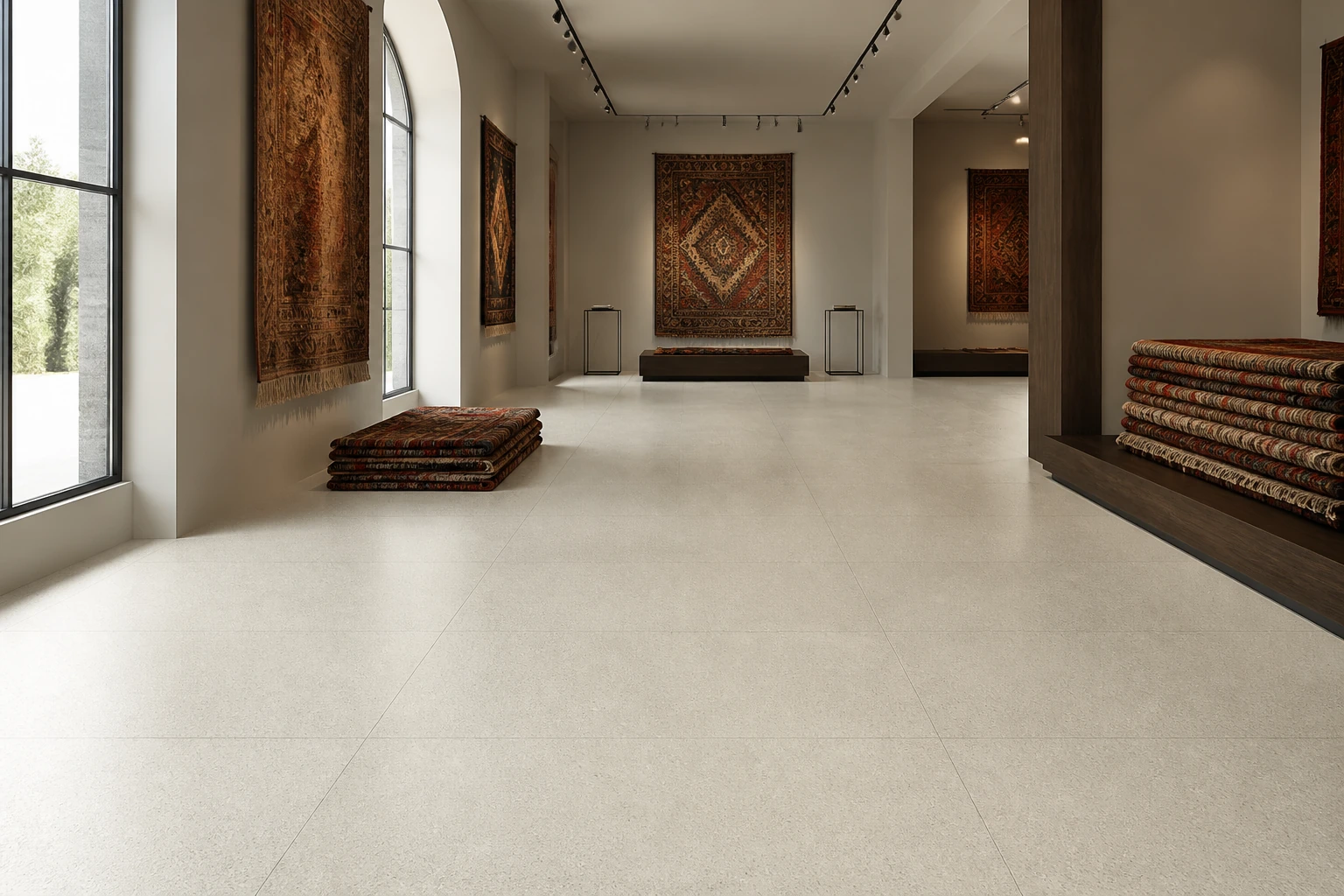 Granito 3 – Casablanco antibacterial porcelain tile used in handwoven rug collector gallery
