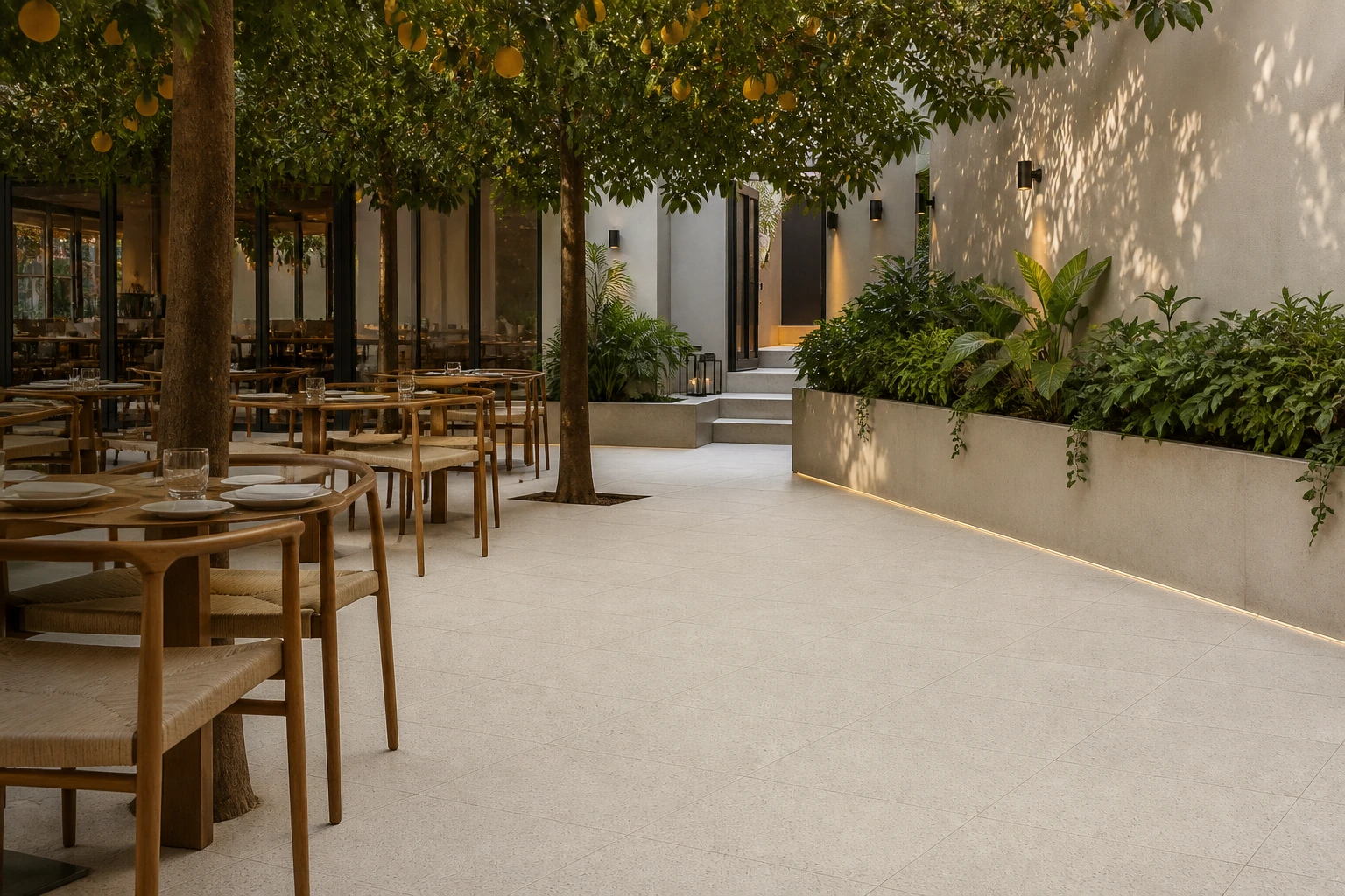 Granito 3 – Casablanco antibacterial porcelain tile used in courtyard restaurant beneath citrus trees