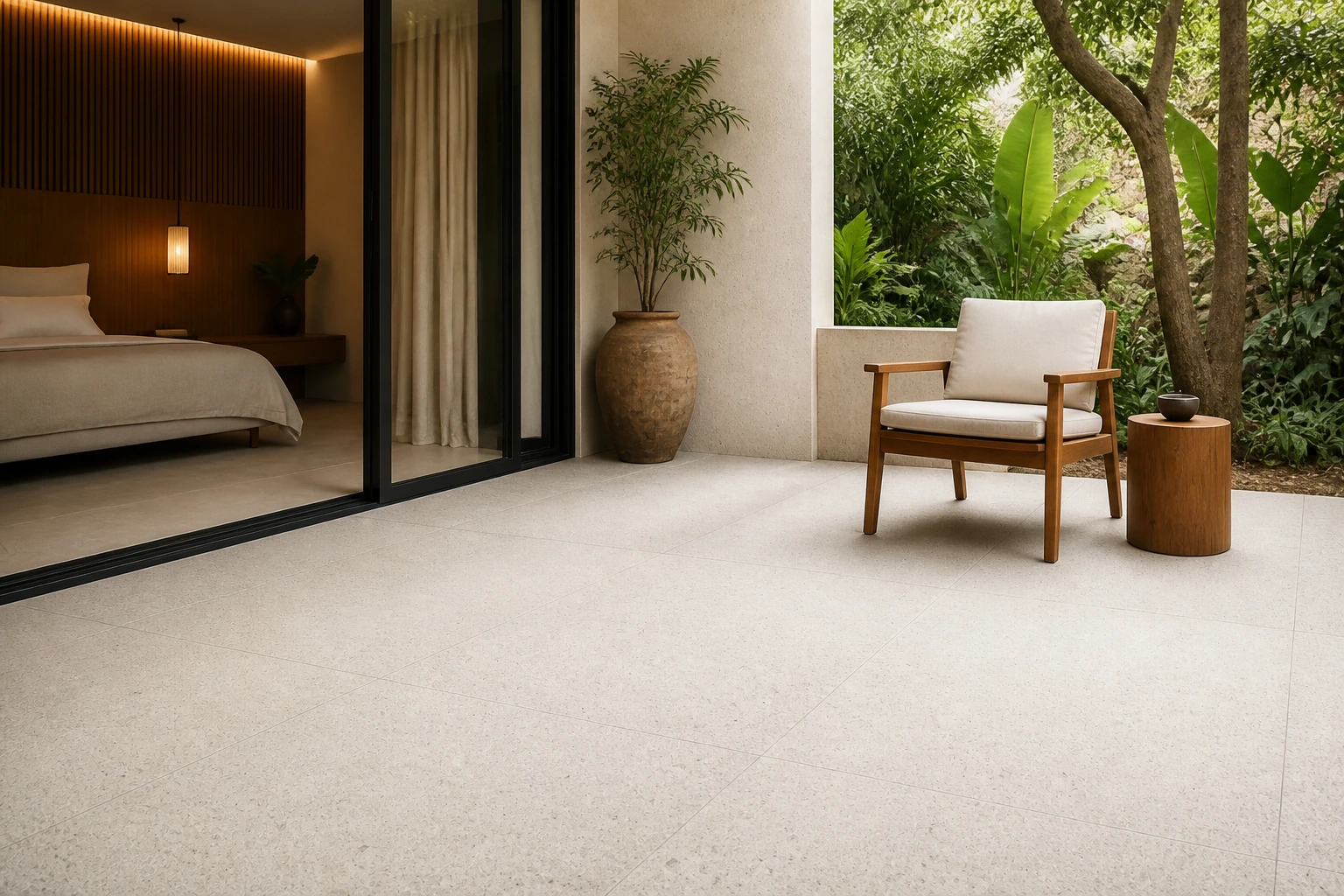 Granito 3 – Casablanco antibacterial porcelain tile used in boutique hotel garden suite