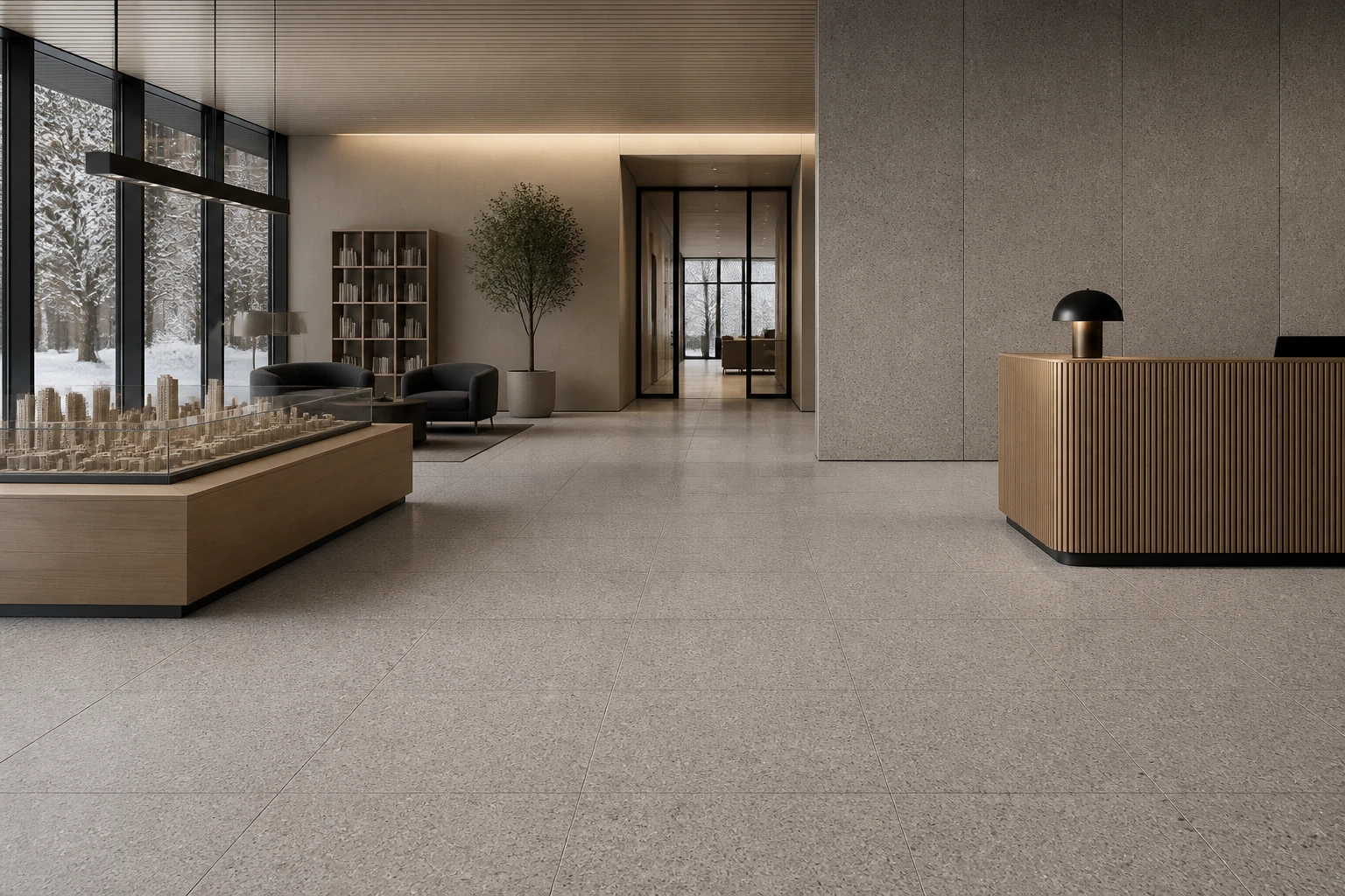 Granito 3 – Montreal antibacterial porcelain tile used in urban planning consultancy lobby in winter