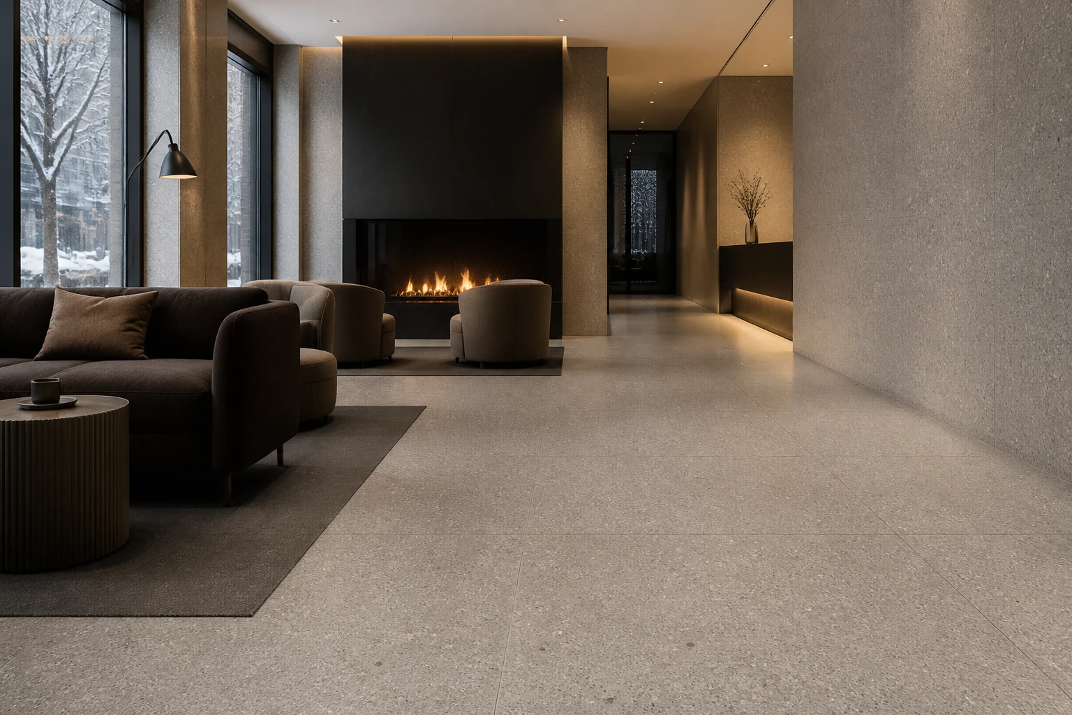 Granito 3 – Montreal antibacterial porcelain tile used in snow city boutique hotel lounge