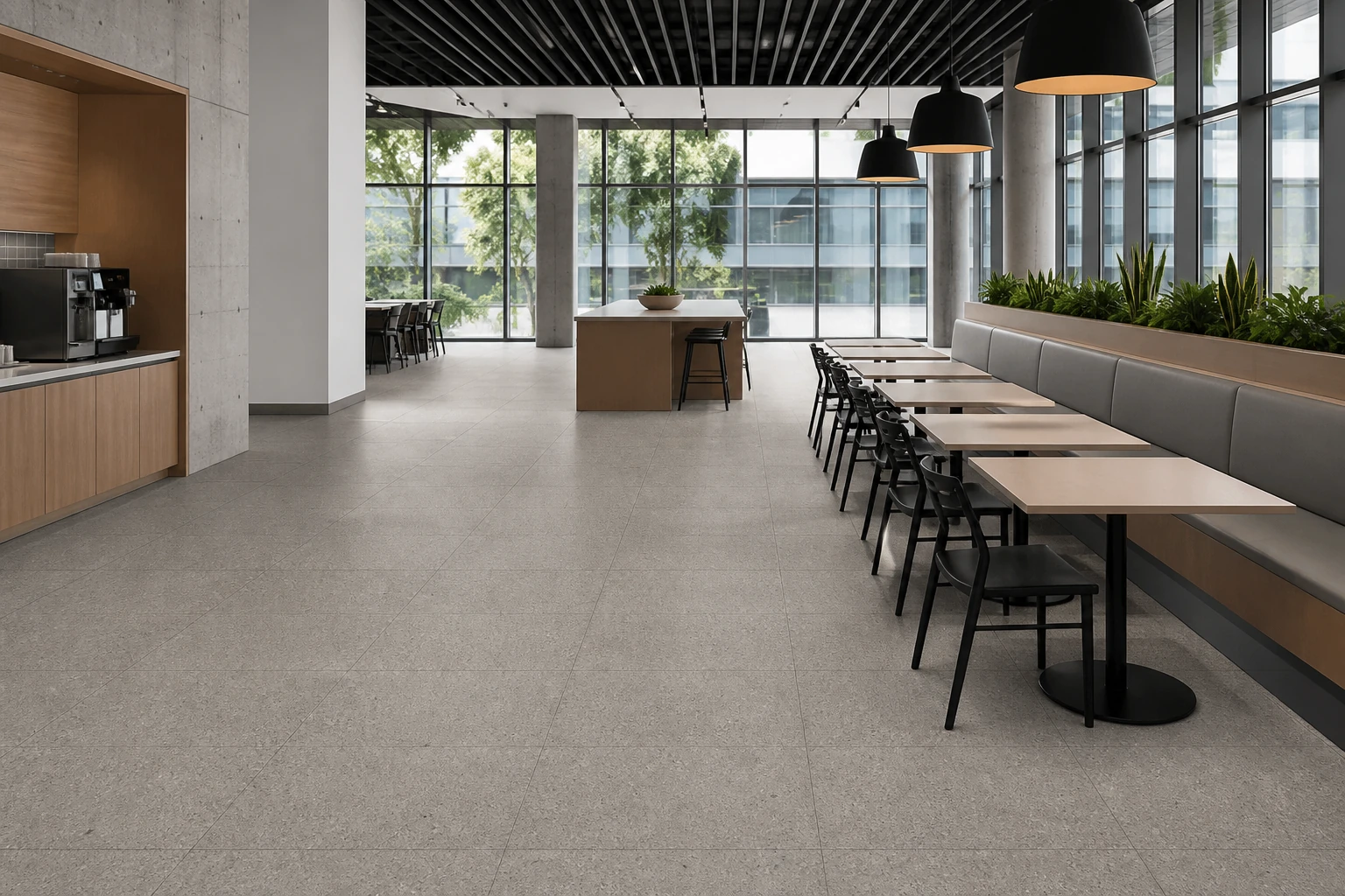 Granito 3 – Montreal antibacterial porcelain tile used in technology campus culinary commons