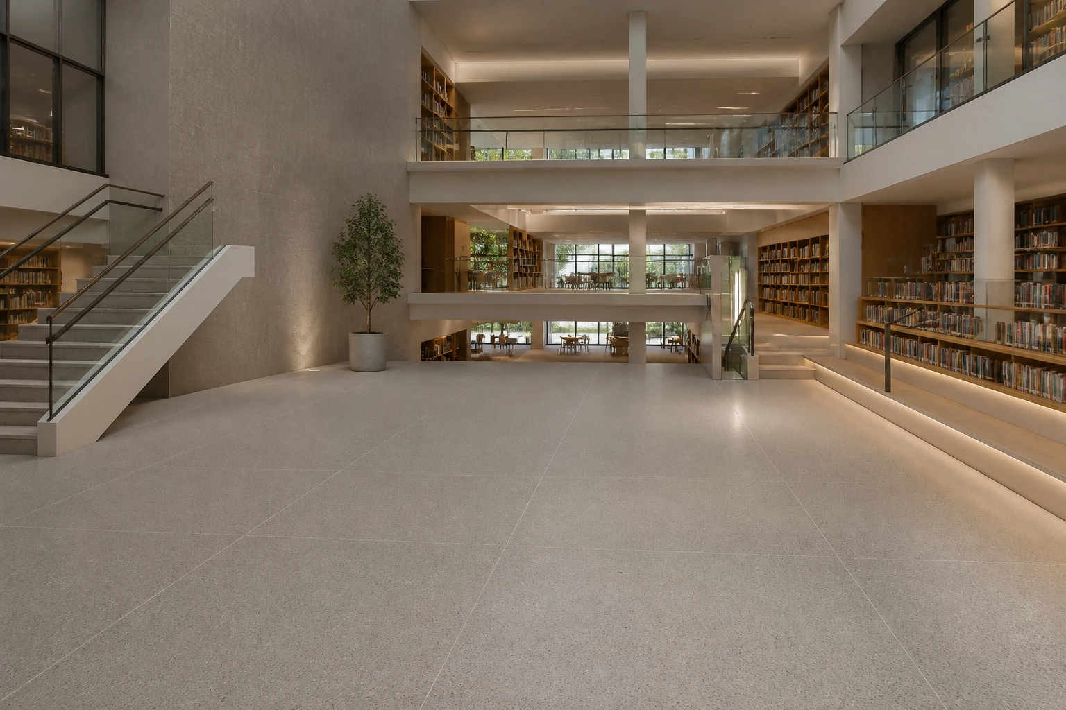 Granito 3 – Montreal antibacterial porcelain tile used in multilevel public library atrium
