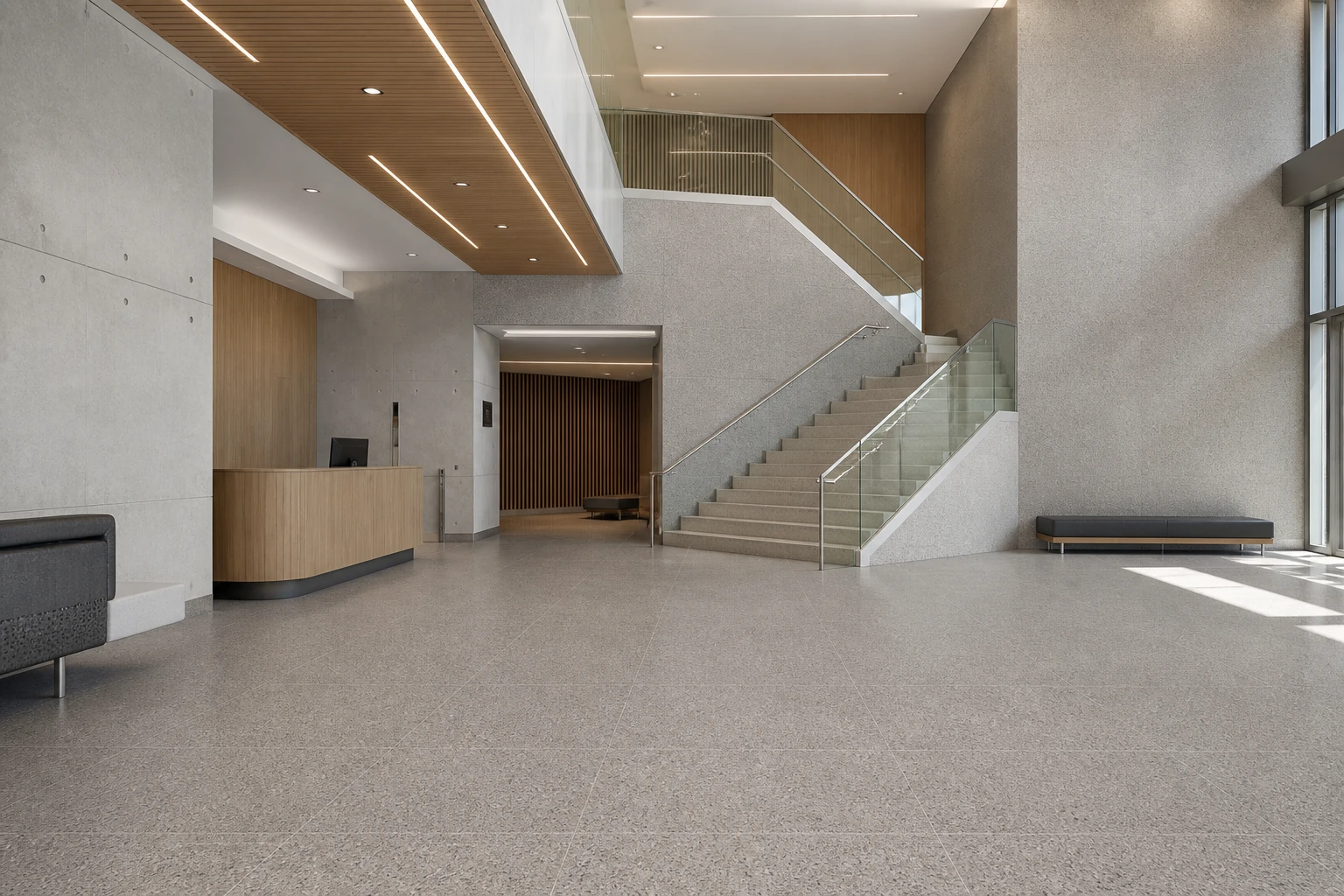 Granito 3 – Montreal antibacterial porcelain tile used in contemporary civic justice centre foyer