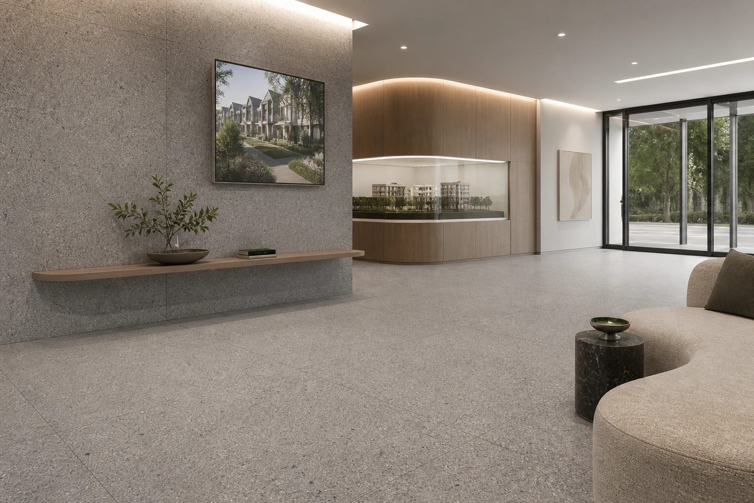 Granito 3 – Montreal antibacterial porcelain tile used in residential developer sales gallery