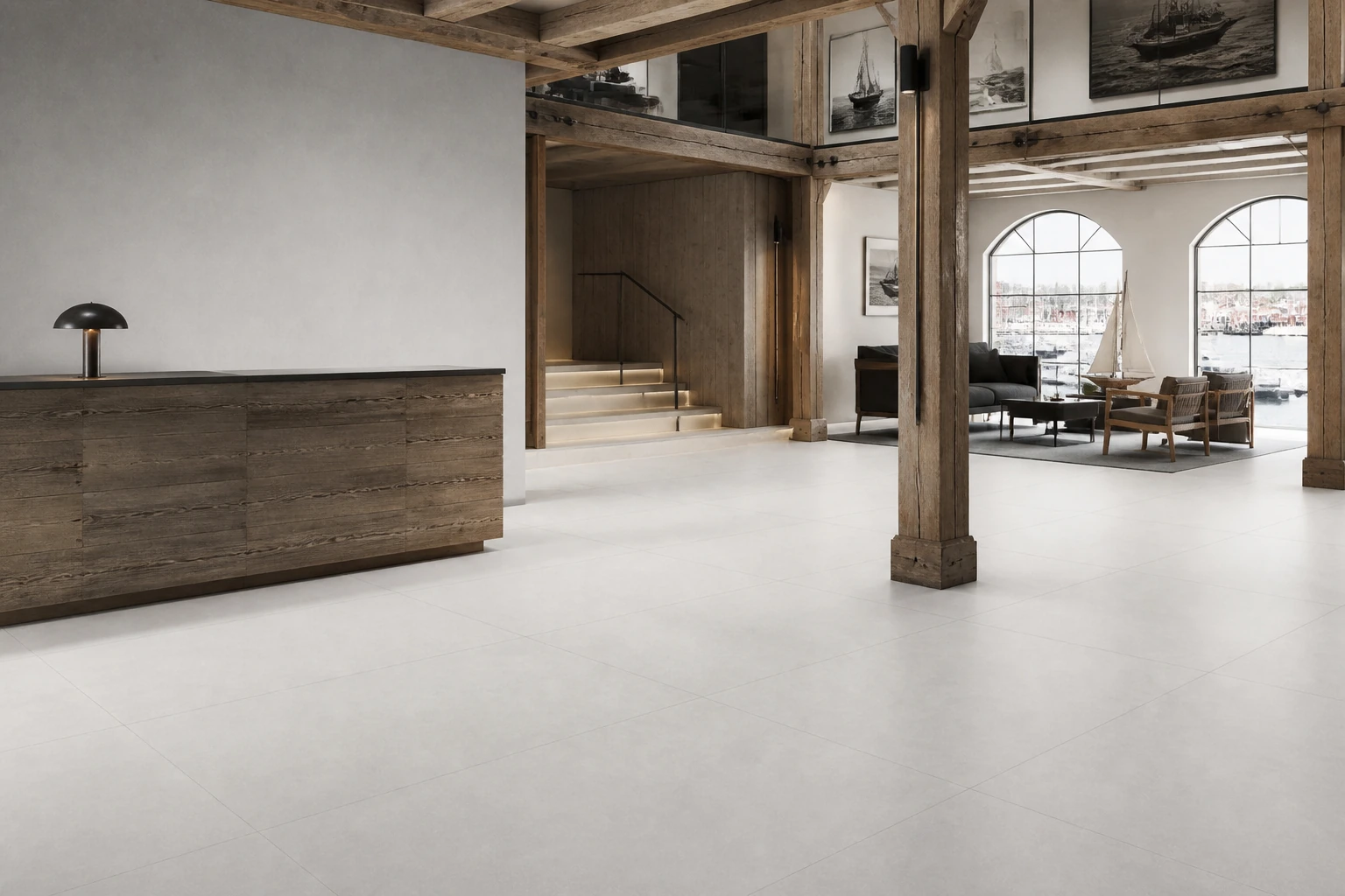 Granito Evo – Boston antibacterial porcelain tile used in harbour maritime design hotel lobby