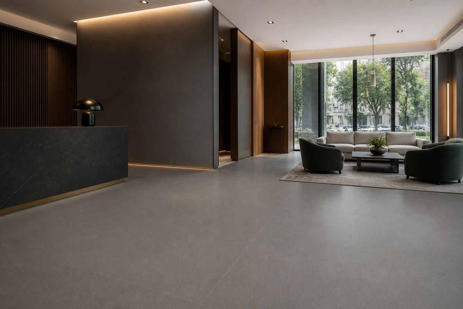 Granito Evo – New York antibacterial porcelain tile used in residential tower concierge lounge