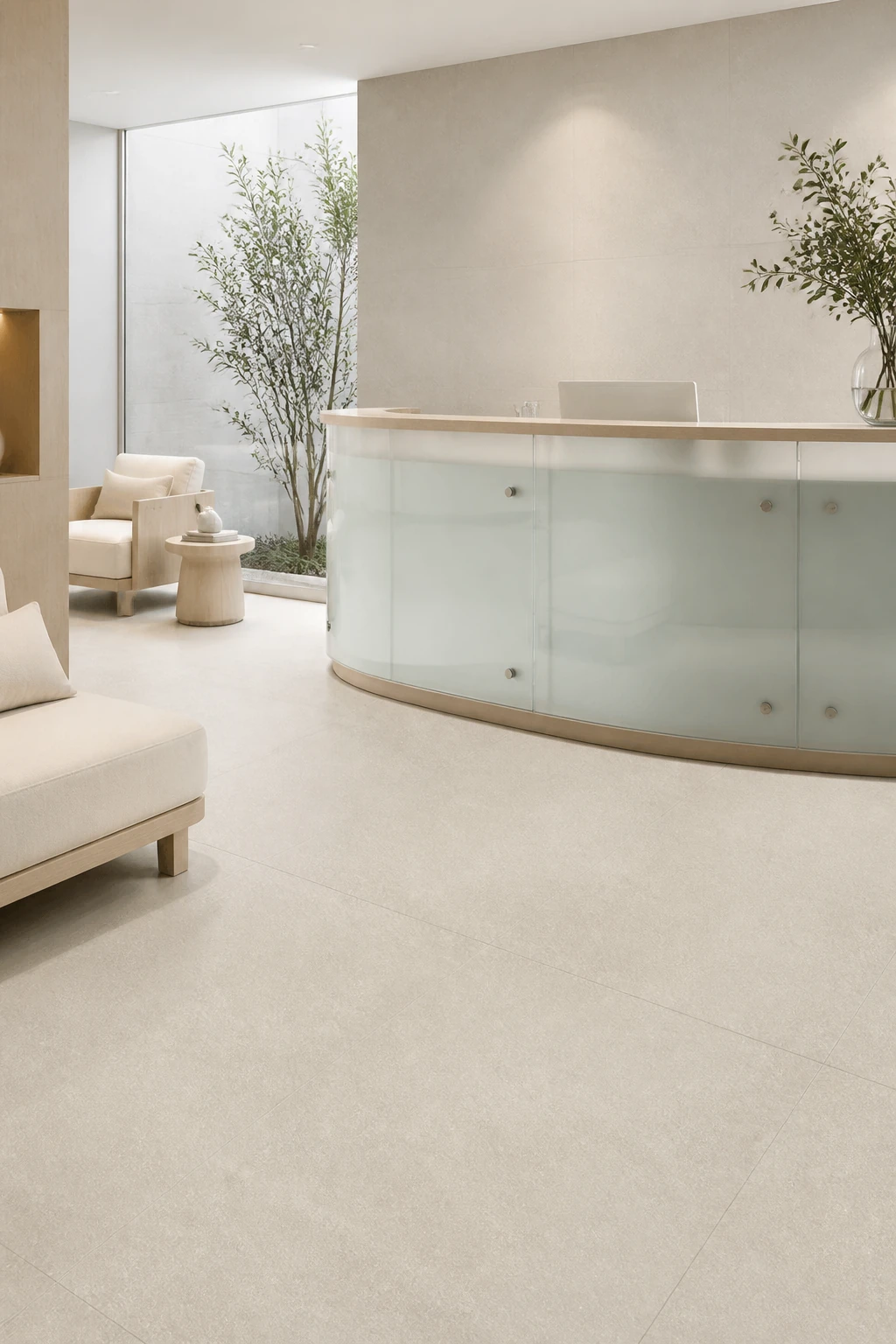 Lithos – Bianco porcelain tile in private medical spa reception
