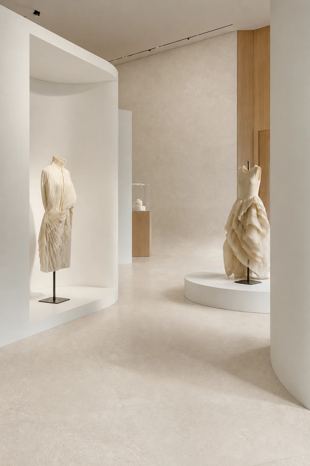 Lithos – Bianco porcelain tile in couture exhibition gallery