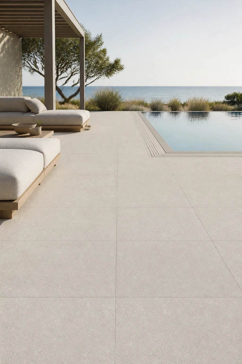 Lithos – Bianco porcelain tile in seaside villa pool terrace