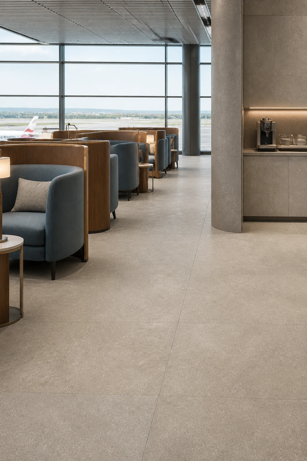 Lithos – Grigio porcelain tile in airport business lounge