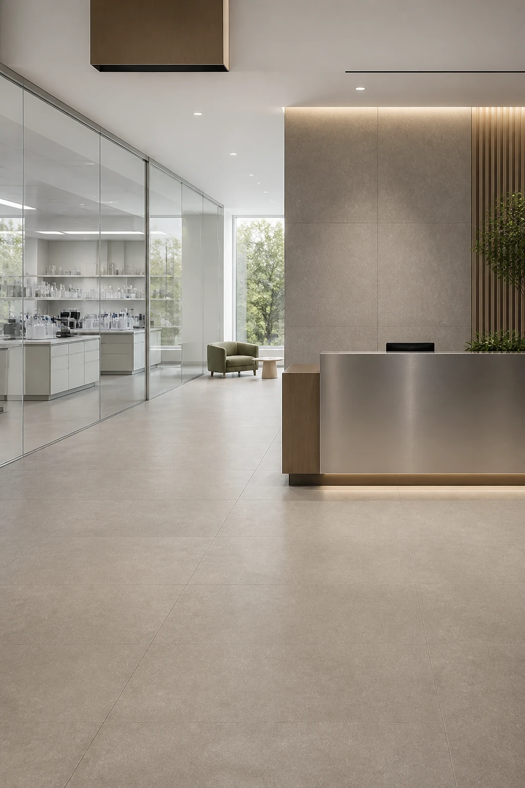 Lithos – Grigio porcelain tile in biomedical research reception