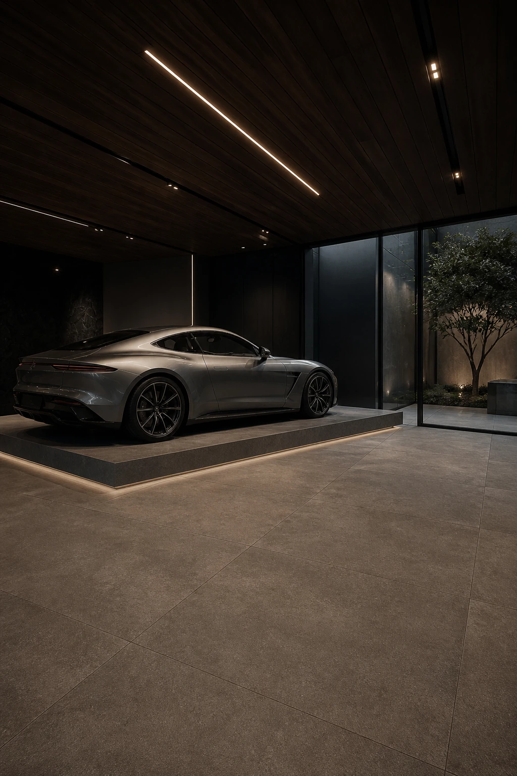 Lithos – Nero porcelain tile in luxury automotive gallery