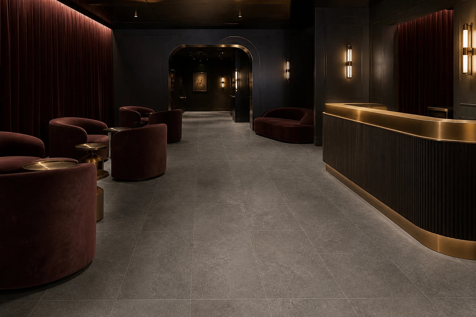 Lithos – Nero porcelain tile in private cinema club lobby