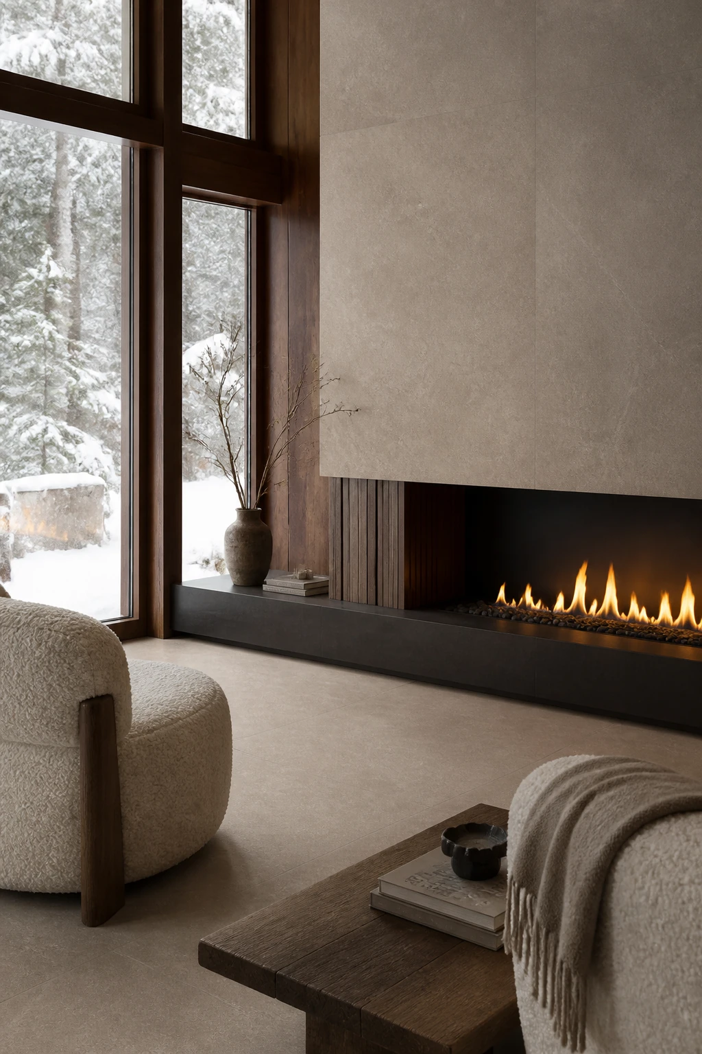 Lithos – Tortora porcelain tile in alpine hotel fireplace lounge