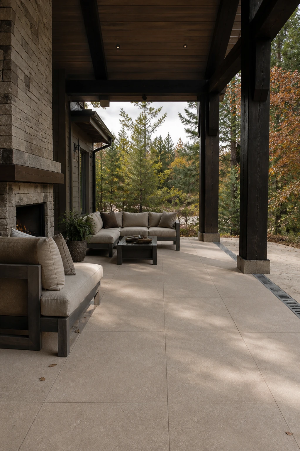 Lithos – Tortora porcelain tile in mountain lodge covered terrace
