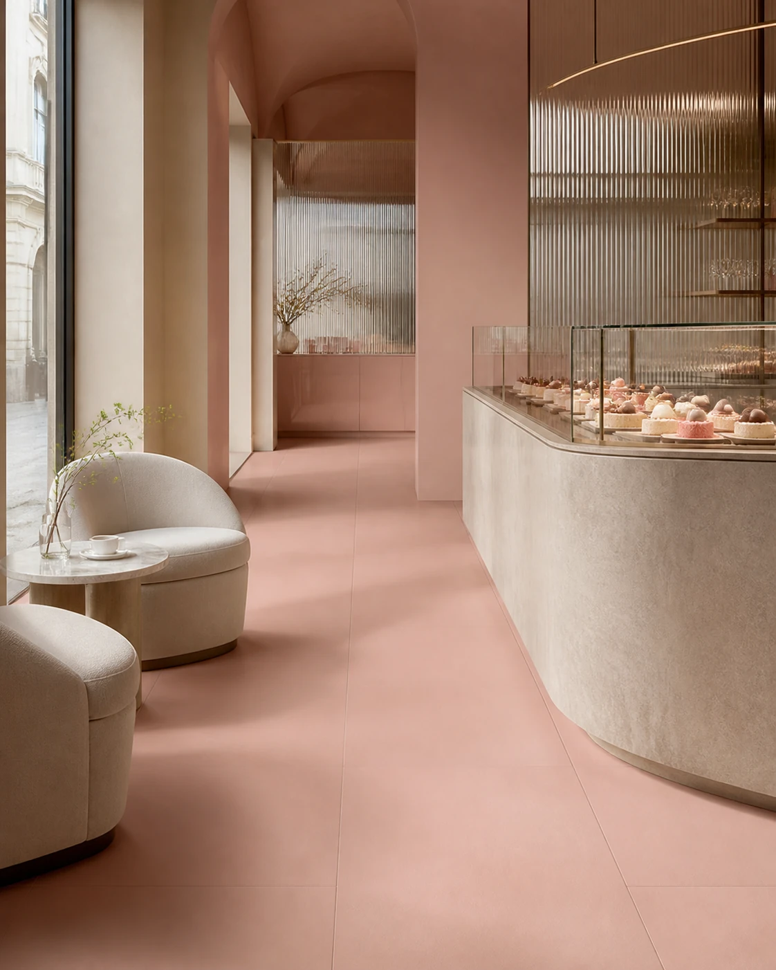 R-Evolution – Light Pink porcelain tile in boutique patisserie
