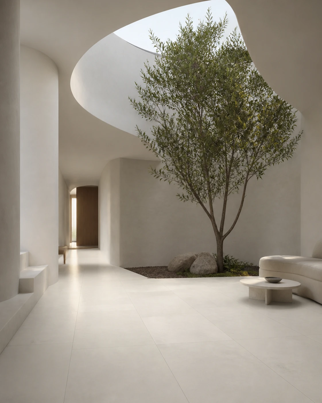 R-Evolution – Total White porcelain tile in silent retreat atrium