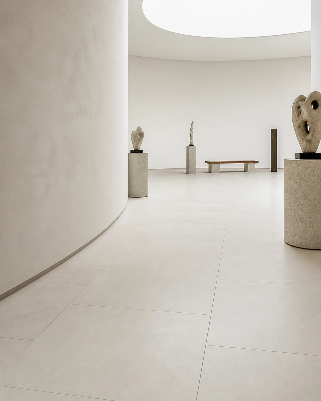 R-Evolution – Total White porcelain tile in museum sculpture room