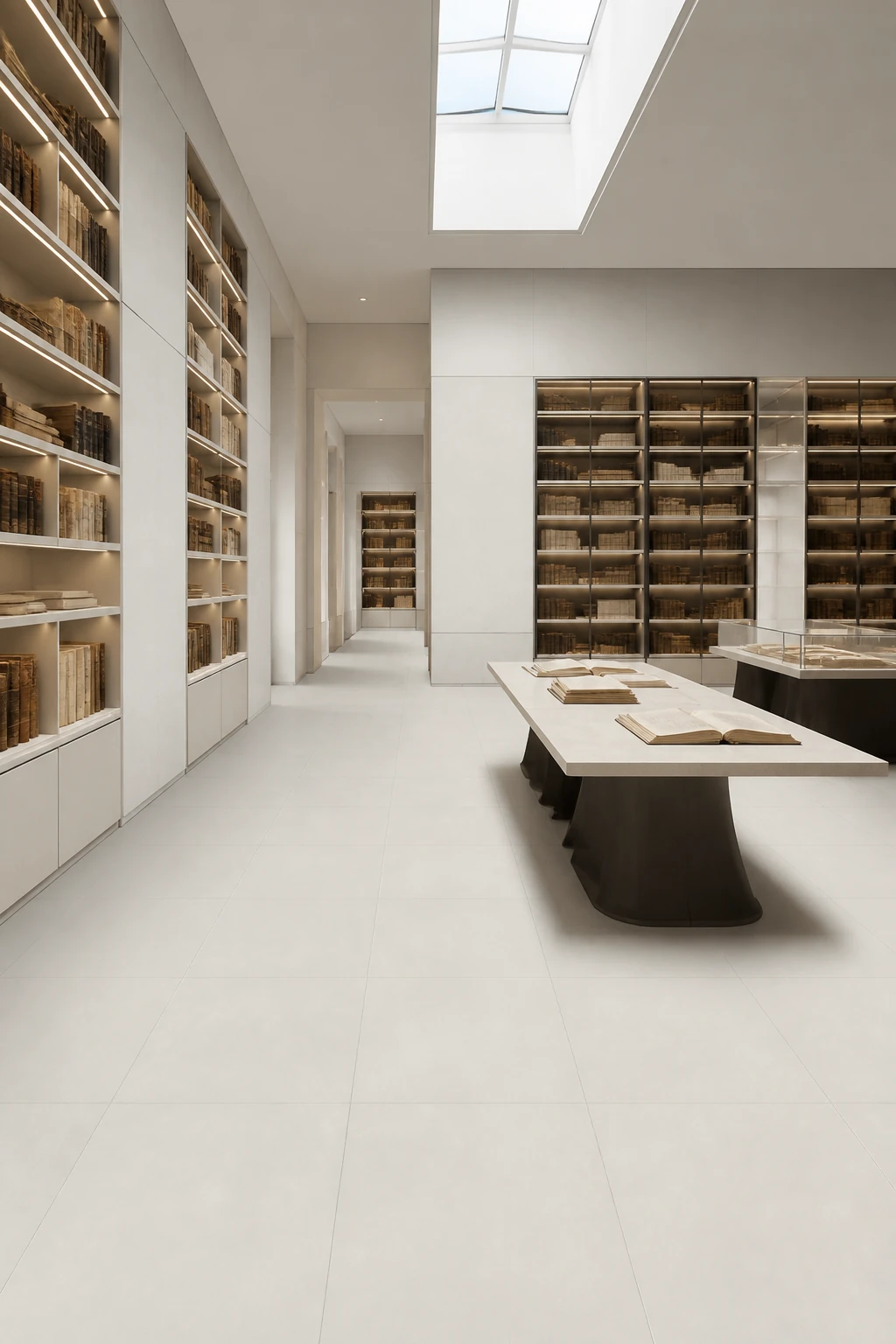 R-Evolution – Total White porcelain tile in rare book library
