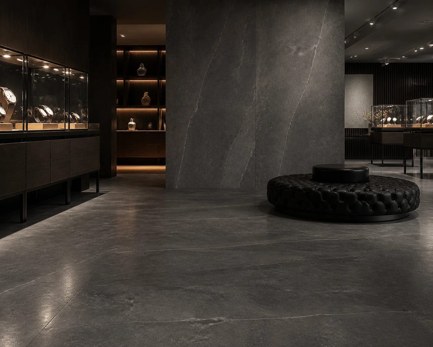 Supreme – Dark porcelain tile in haute horology salon