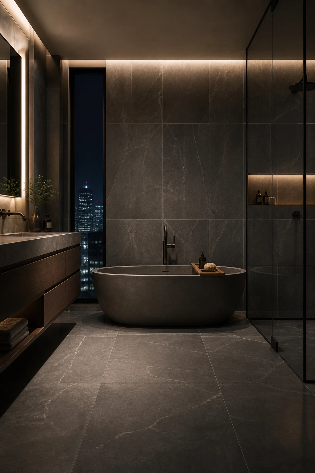 Supreme – Dark porcelain tile in penthouse spa bathroom