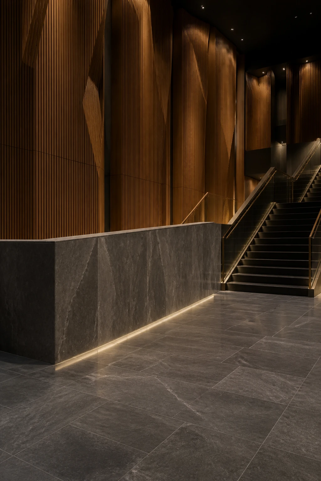 Supreme – Dark porcelain tile in concert hall foyer
