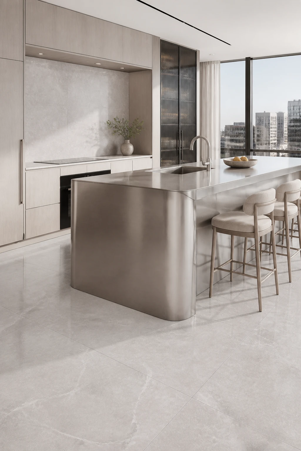 Supreme – Grey porcelain tile in penthouse show kitchen
