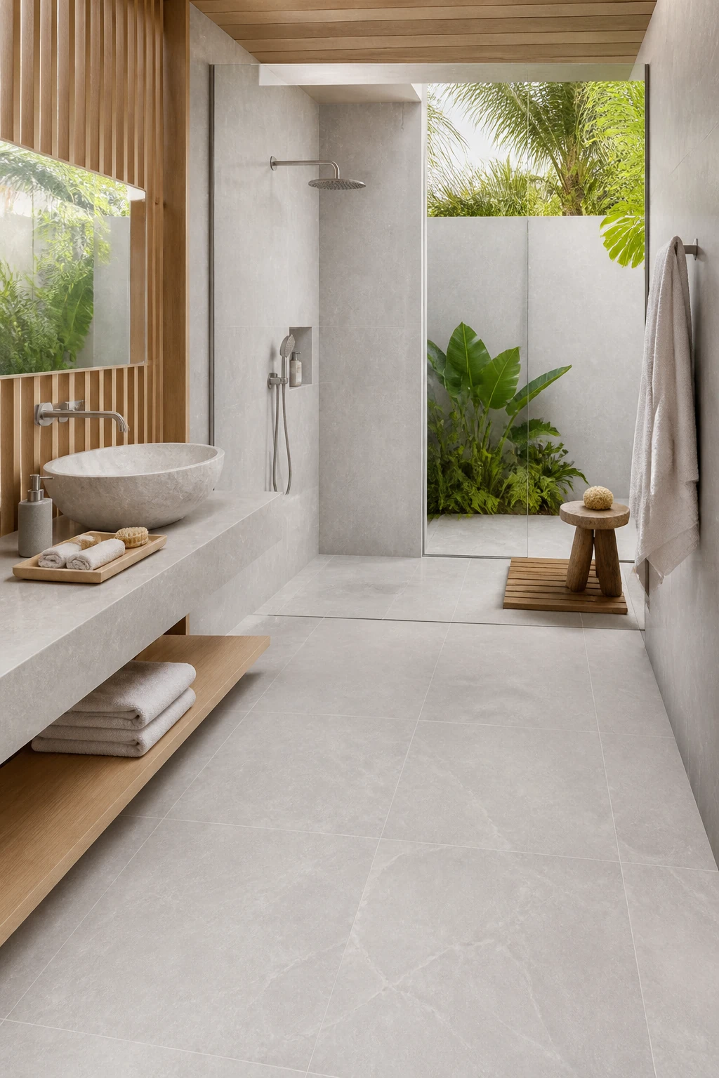 Supreme – Grey porcelain tile in resort bathroom suite
