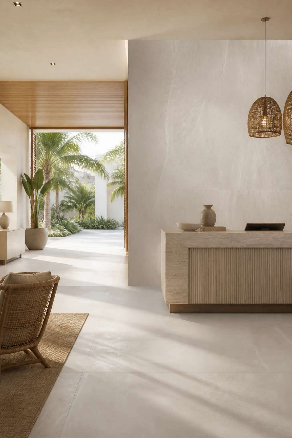 Supreme – Sand porcelain tile in coastal resort reception
