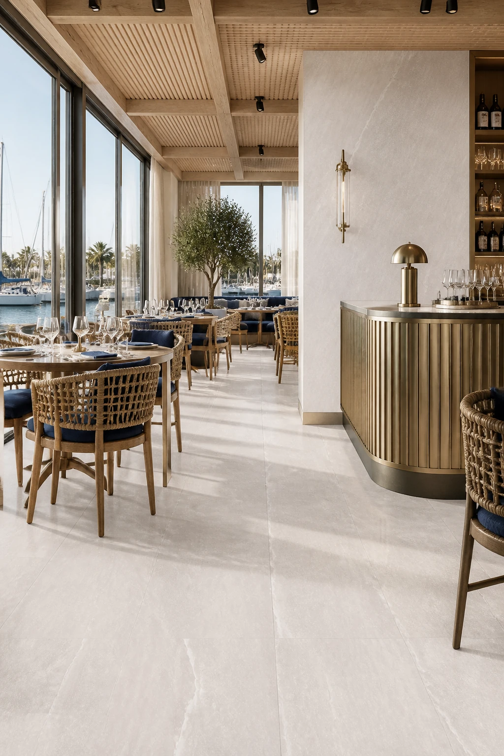 Supreme – Sand porcelain tile in yacht club dining room