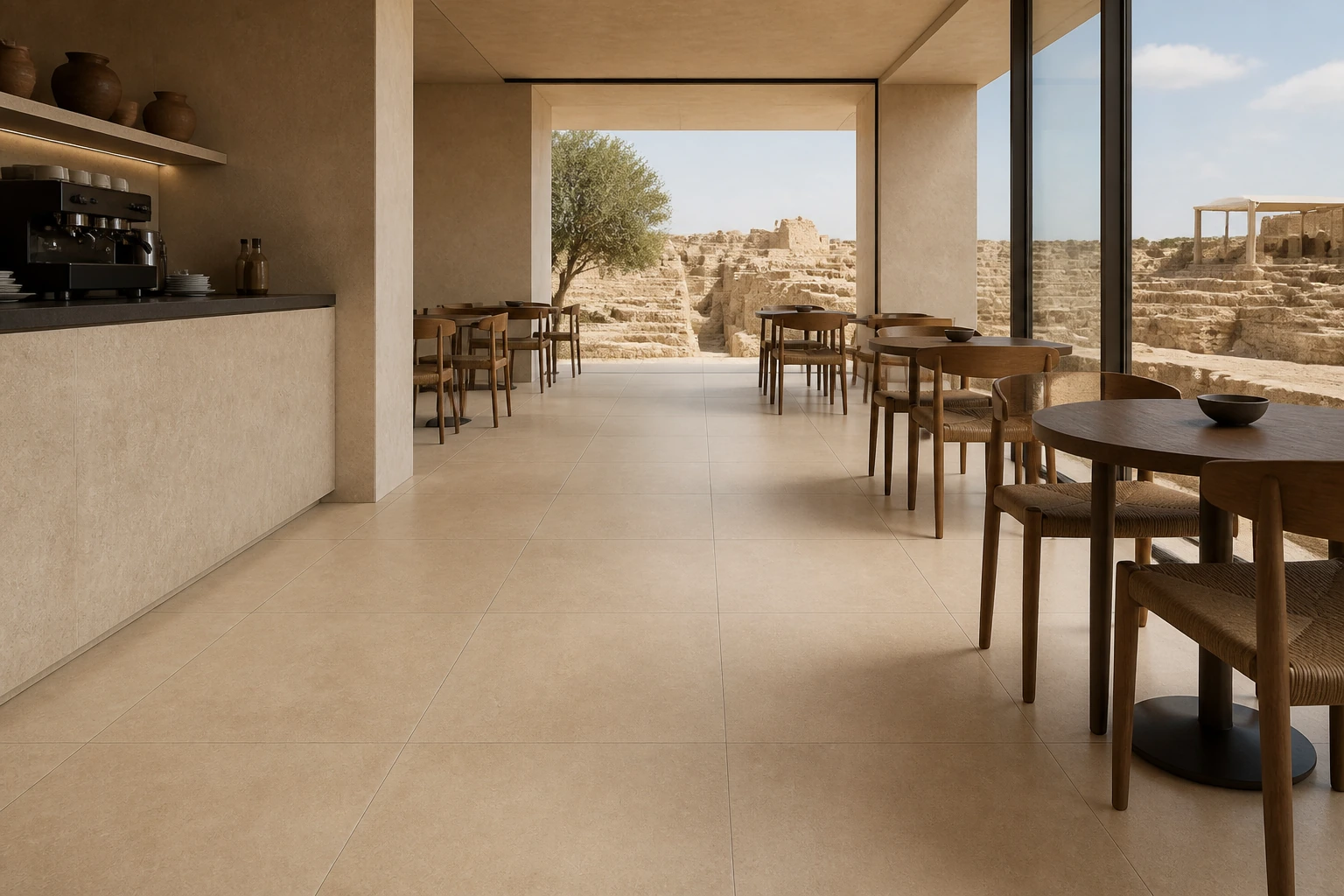 Terrae – Beige antibacterial porcelain tile used in archaeological museum cafe