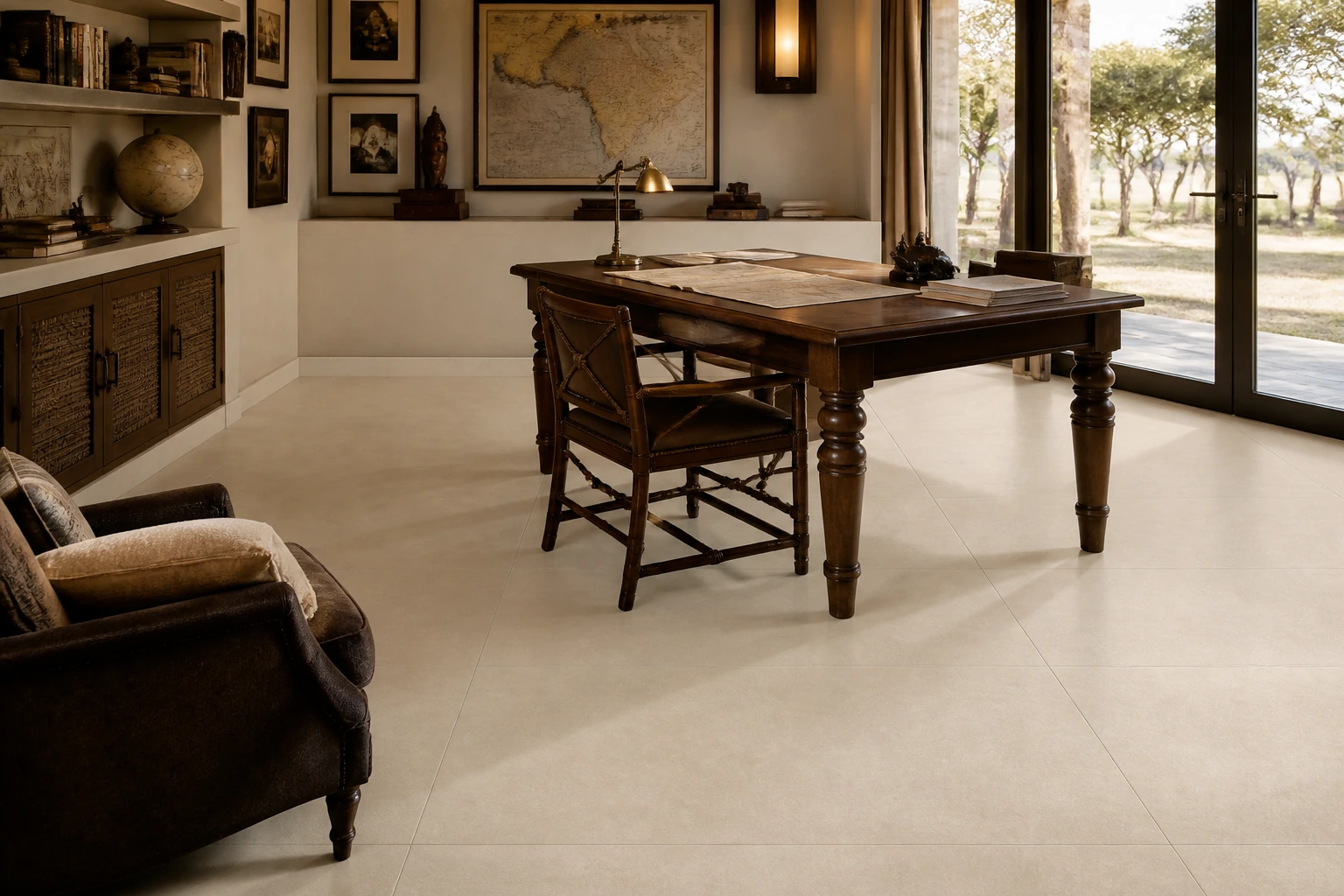 Terrae – Beige antibacterial porcelain tile used in safari lodge map room