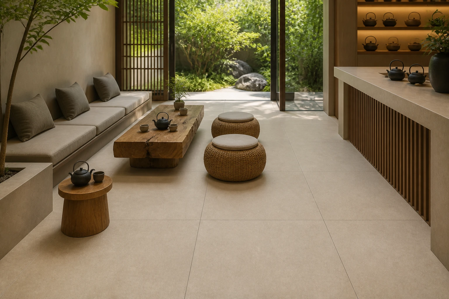Terrae – Beige antibacterial porcelain tile used in botanical spa tea lounge