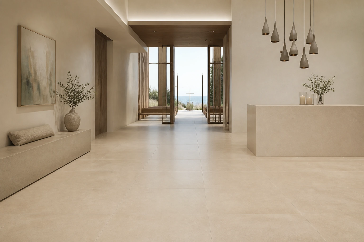Terrae – Beige antibacterial porcelain tile used in coastal chapel foyer
